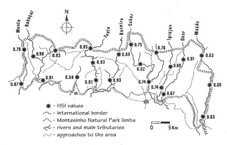 Map of Montesinho Natural Park showing rivers and HSI values.  Click for larger versions