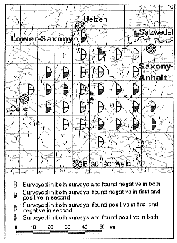Map of survey area with symbols comparing the results of the two surveys