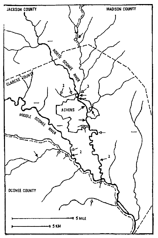 Map of Clarcke County showing north and middle oconee rivers and sites where otter sign was found