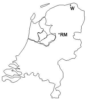 Map of The Netherlands showing Warffum in the extreme north of the country and Rottige Meenthe east of Ijsselmeer
