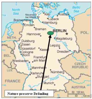 Map of Germany showing the location of the nature reserve halfway between Hannover and Berlin