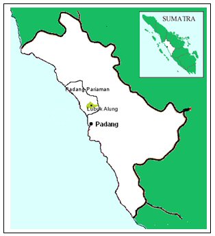 Map of the island of Sumatra showing  the study area about half way down the south-west (long side) coast