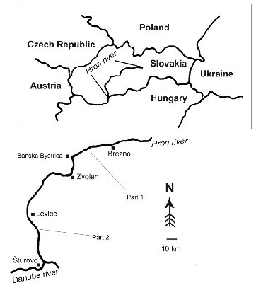 Map showing the position of Slovakia between Poland (north), Ukraine (east), Hungary (south), Austria (west) and Czech Republic (north west), with the Hron river running from the centre of the country to the Danube forming the southern border of the country.  Click for larger version.