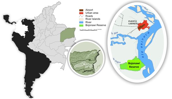 Map of South America showing the position of the Bojonawi Reserve in north eastern Brazil