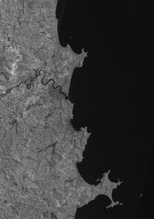 Monochrome satellite image of west side of lagoon.  Click for larger version