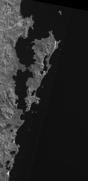 Monochrome satellite image of Santa Caterina Island, the lake, the lagoon and the mainland, showing osme of the islands.  Click for larger image