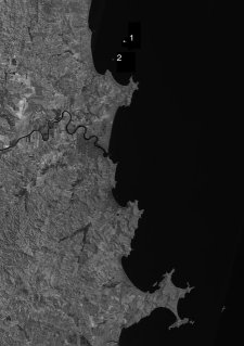 Monochrome satellite image of west side of lagoon, showing islands 1 and 2 in the lagoon as in Table 1.  Click for larger version
