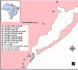 Map showing the position of Rio Grand do Sul in the extreme south of Brazil, and locations 13 to 25 (Table 1) in the south of the state (Click for larger version)