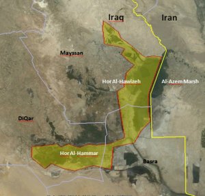 Map of the central part of the border between Iran and Iraq showing the position of the Hor-Al-Hawizeh marsh along the border, and the Hor Al-Hammar marsh further west in Iraq, with a narrow corridor joining the two just north of Basra.  Click for larger version.