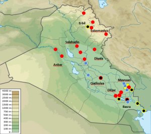 Map of Iraq showing historical and recent sightings of the two otter species.  Historically, Lutra lutra was found in the south and central Tigris and Euphrates basins, and today is found further north in both drainages, possibly missing in the central area, and still present in the south.  Lutrogale was historically found in the south and coastal area, and is till present in those areas with an outlier (single specimen) in the north.  Click for larger version.