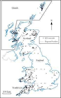 Map of the UK showing that between 1971 and 1996, most otter road casualties were in the Shetlands, Skye and Mull, around Aberdeenshire, and in Wales and the southwest of England; very few otters were killed on roads in England (fewer than 50 over 15 years).  Click for larger version