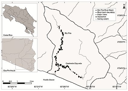 Map with insets showing location of study site in southern Costa Rica, on the Osa Peninsula. Main map shows the course of the Rio Pira down to hte Pacific Ocean,  and its tributary, the Quebrada Coyunda, alonw with the extent of the survey and the sites visited.  Click for larger version