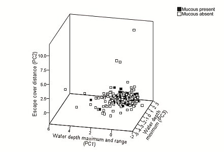 3D plot showing relative clustering of mucus and non-mucus containing spraint by distance from escape cover compared to water depth maximum and range.  Click for larger version.