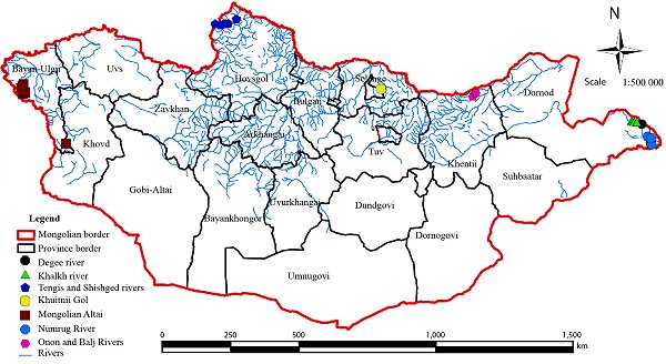 Map of MOngolia showing the provincial borders, and the positions of the study areas.  The Degee, Khalkh and Numrug rivers  are at the extreme east end of the country in Dornod province.  The Onon and Balj rivers are at the northeast border, in Khentii province.  Khuitnii Gol is the central northern area, and Tengis and Shishged rivers northwest of that, in the northernmost part of the country.  The Mongolian Altai is at the west end of the country in Bayan-Ulgii province.  THe central northern part of the country has many more rivers than the  rest.  Click for larger version.