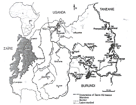 Map of Rwanda showing the ten lakes surveyed